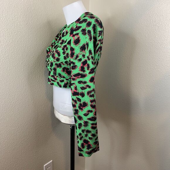 Vero Moda Long Sleeve Twist Crop Top Irish Green Anette Leopard Blouse Sz S - Picture 5 of 10